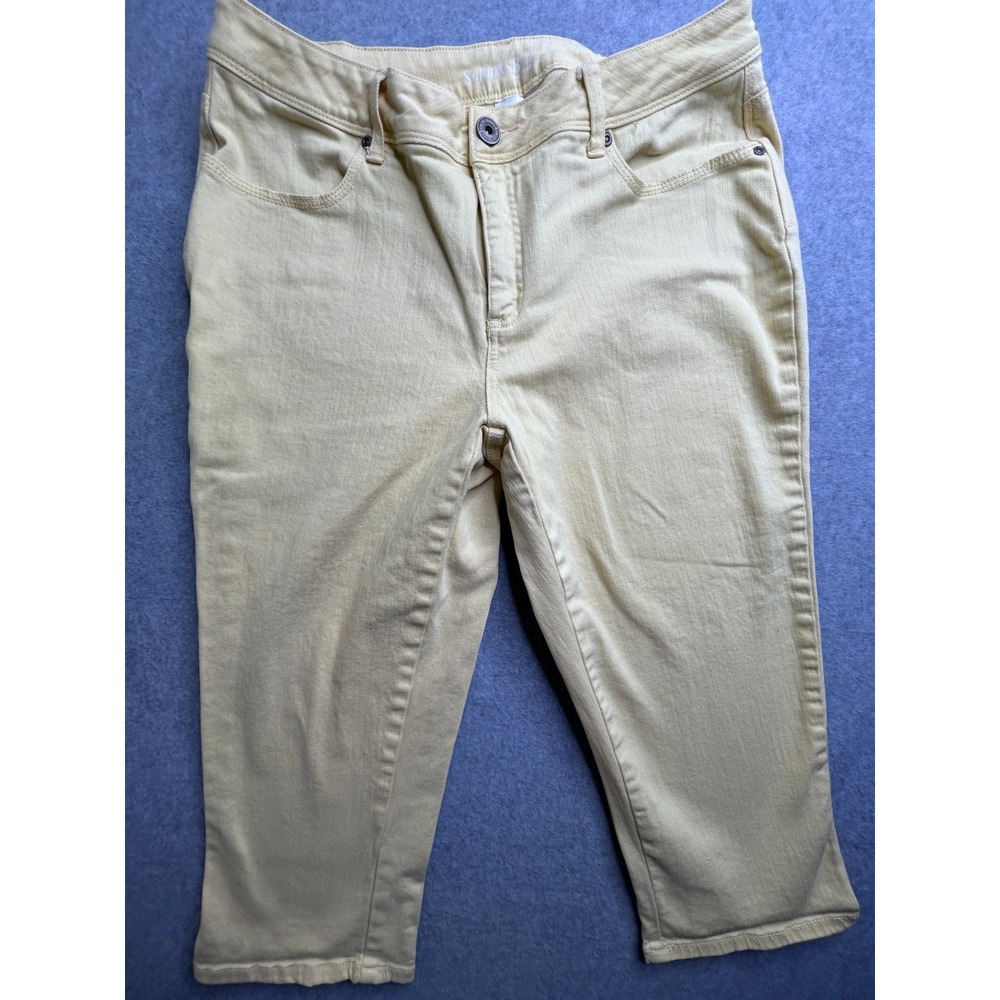 St. Johns Bay Women's 16W Yellow Cropped Capri Pants Stretch Denim Mid Rise